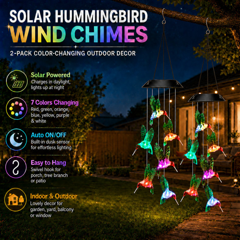Arlmont & Co. Solar Hummingbird Wind Chime Light Outdoor